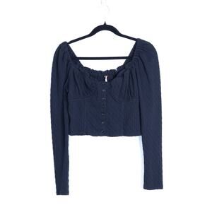 Free People Dark Blue Buttoned Crop Top
